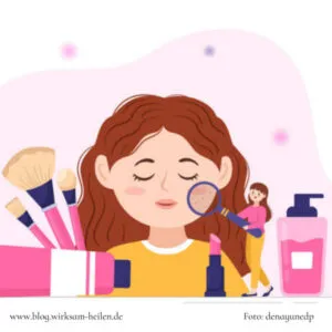 Zeichnung eines Mädchens mit Kosmetikprodukten