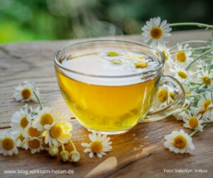 Immunsystem verbessern_Glas Kamillentee mit Kamillenblüten